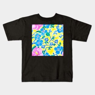 Pink and blue preppy flowers on yellow Kids T-Shirt